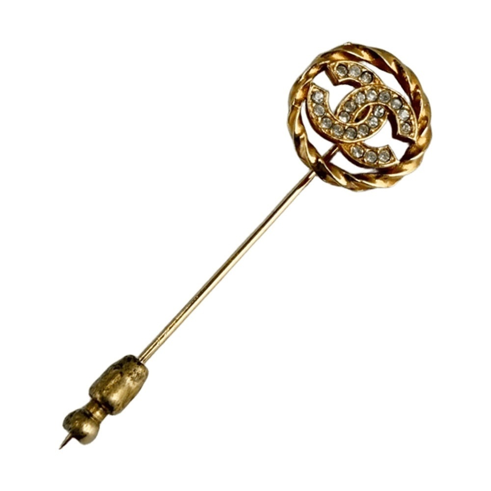 Chanel pin brooch with rhinestones and Coco Mark, gold, for women.